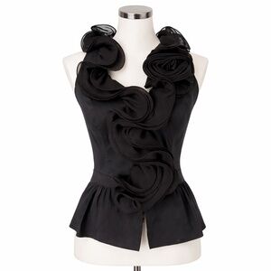 Brian Bailey Black Rosette Ruffle Blouse with Peplum - Evening Cocktail Top Sz 6